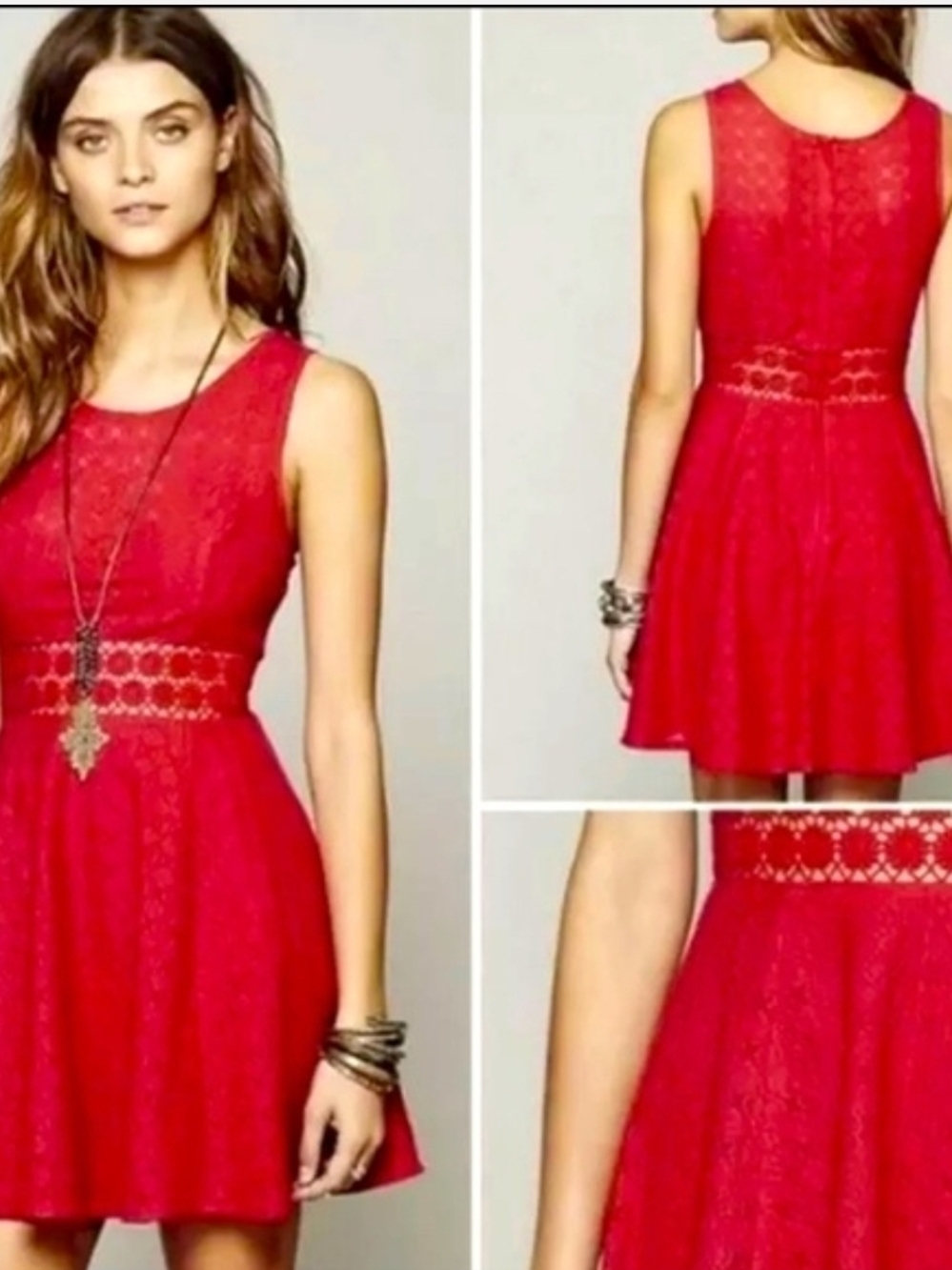 Free People Red Crochet Daisy Cut-Out Waist Dress Size 4